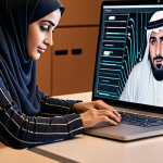 A modern Arab content creator (man or woman) working at a laptop, deeply focused yet inspired. Dynamic, glowing abstract lines and data streams subtly emanate from the screen, representing an intelligent AI partner assisting with ideation, research, and automation. The scene should convey a harmonious blend of human creativity and technological efficiency, set in a comfortable, contemporary workspace with subtle Arabic design elements. The atmosphere is productive and innovative, highlighting AI as a catalyst for creative acceleration.