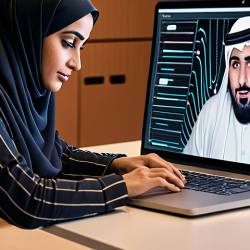 Home 4 A modern Arab content creator (man or woman) working at a laptop, deeply focused yet inspired. Dynamic, glowing abstract lines and data streams subtly emanate from the screen, representing an intelligent AI partner assisting with ideation, research, and automation. The scene should convey a harmonious blend of human creativity and technological efficiency, set in a comfortable, contemporary workspace with subtle Arabic design elements. The atmosphere is productive and innovative, highlighting AI as a catalyst for creative acceleration.