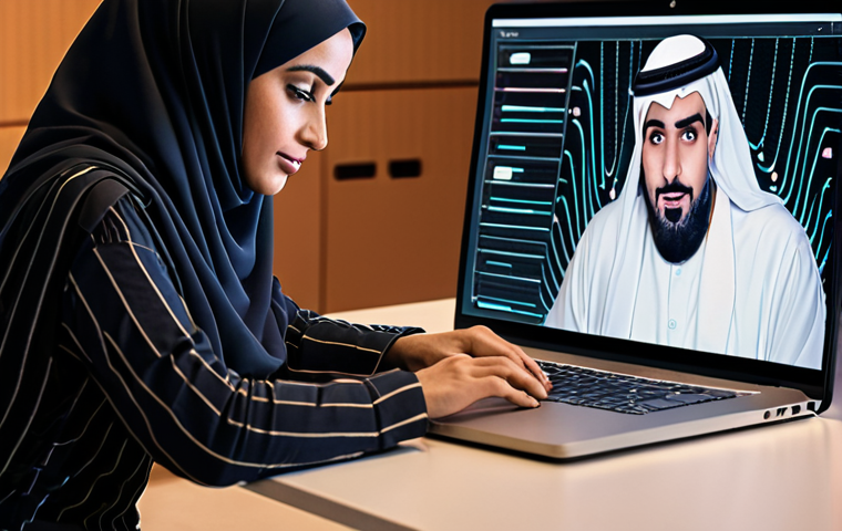 A modern Arab content creator (man or woman) working at a laptop, deeply focused yet inspired. Dynamic, glowing abstract lines and data streams subtly emanate from the screen, representing an intelligent AI partner assisting with ideation, research, and automation. The scene should convey a harmonious blend of human creativity and technological efficiency, set in a comfortable, contemporary workspace with subtle Arabic design elements. The atmosphere is productive and innovative, highlighting AI as a catalyst for creative acceleration.