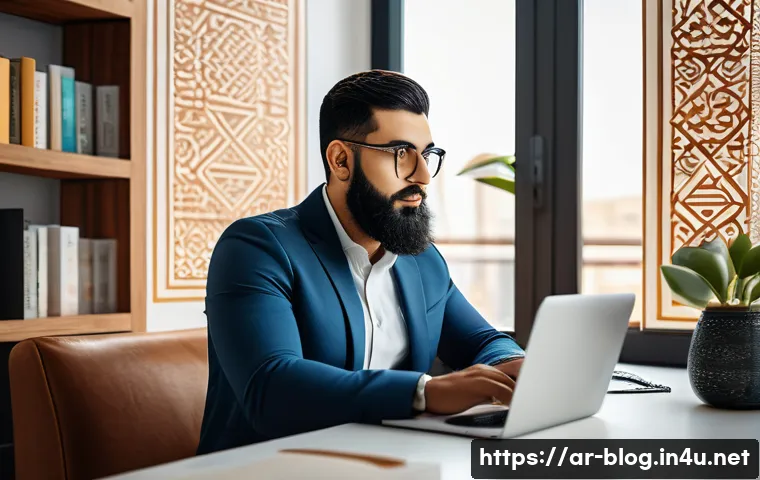 블로그 마케터 자격증 취득 방법 - A professional Middle Eastern man sitting at a modern workspace, focused on a laptop screen displayi...