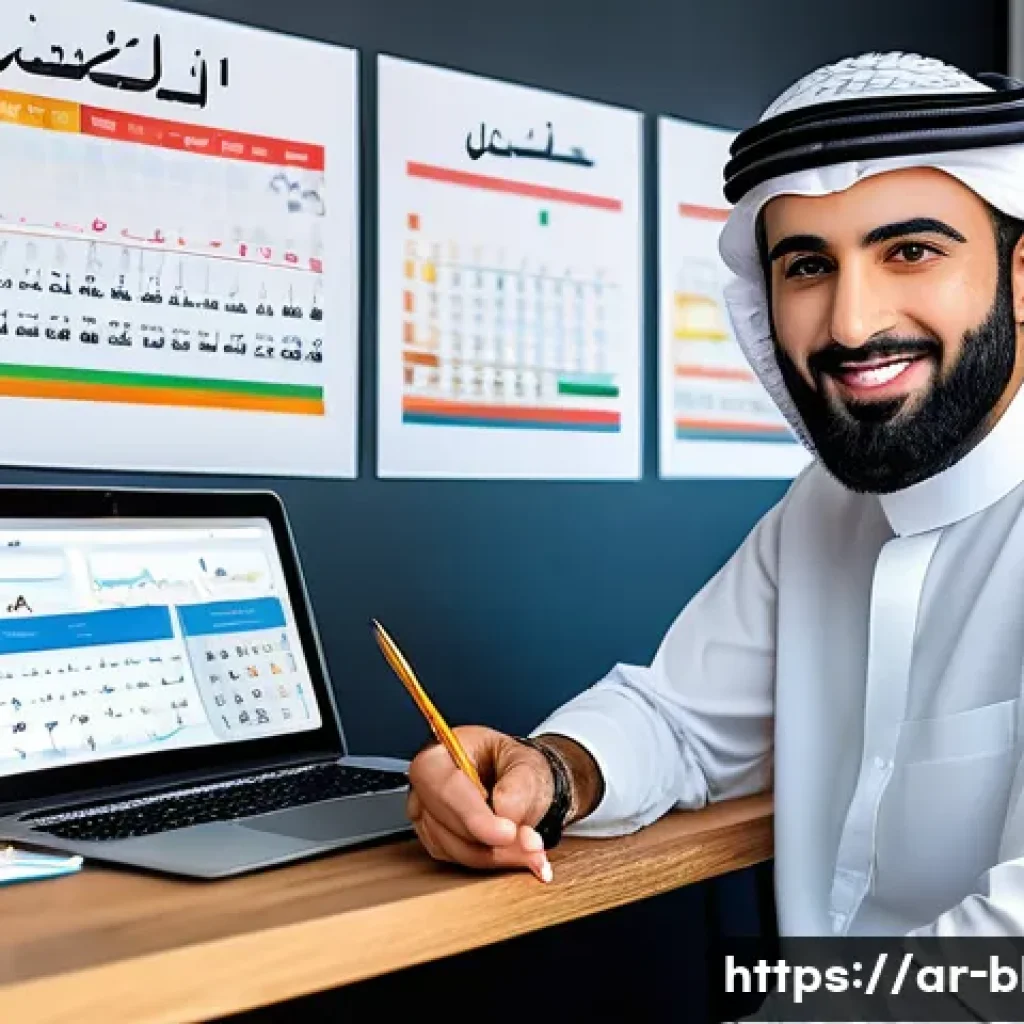 블로그 마케팅에서 KPI 설정하기 - A modern Arab blogger working at a stylish home office with Arabic calligraphy wall art, multiple sc...