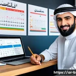 블로그 마케팅에서 KPI 설정하기 - A modern Arab blogger working at a stylish home office with Arabic calligraphy wall art, multiple sc...