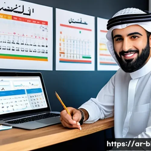 블로그 마케팅에서 KPI 설정하기 - A modern Arab blogger working at a stylish home office with Arabic calligraphy wall art, multiple sc...