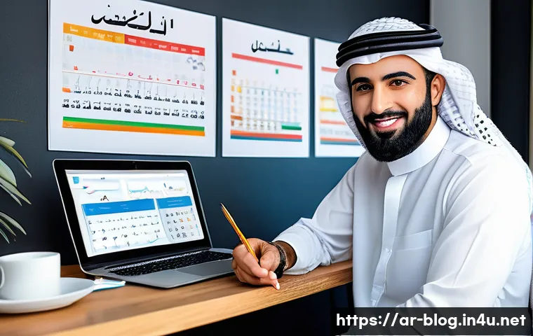블로그 마케팅에서 KPI 설정하기 - A modern Arab blogger working at a stylish home office with Arabic calligraphy wall art, multiple sc...