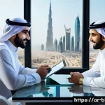 블로그 마케터의 윤리적인 마케팅 사례 - A modern Arabic business meeting scene in a sleek office overlooking a Middle Eastern cityscape, div...