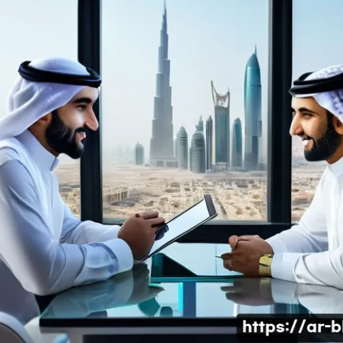 블로그 마케터의 윤리적인 마케팅 사례 - A modern Arabic business meeting scene in a sleek office overlooking a Middle Eastern cityscape, div...