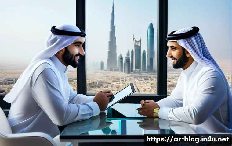 블로그 마케터의 윤리적인 마케팅 사례 - A modern Arabic business meeting scene in a sleek office overlooking a Middle Eastern cityscape, div...