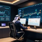 블로그 마케터를 위한 데이터 시각화 툴 - A modern digital workspace scene featuring an Arab data analyst sitting at a sleek desk with multipl...