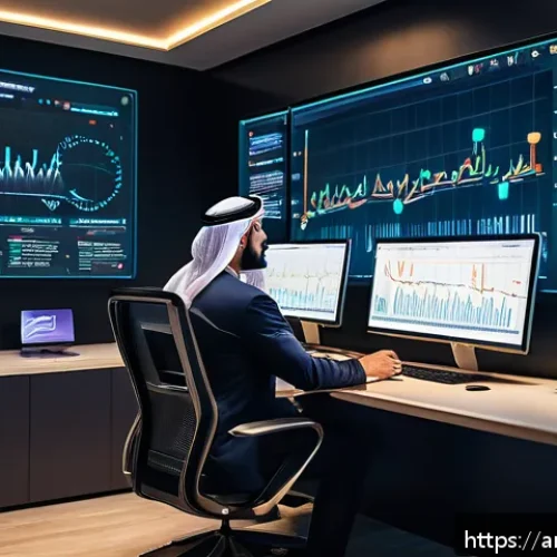 블로그 마케터를 위한 데이터 시각화 툴 - A modern digital workspace scene featuring an Arab data analyst sitting at a sleek desk with multipl...
