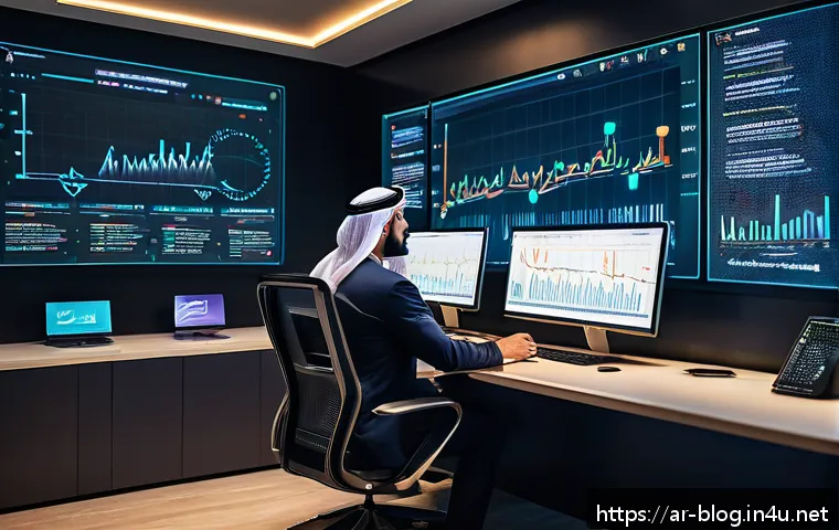 블로그 마케터를 위한 데이터 시각화 툴 - A modern digital workspace scene featuring an Arab data analyst sitting at a sleek desk with multipl...