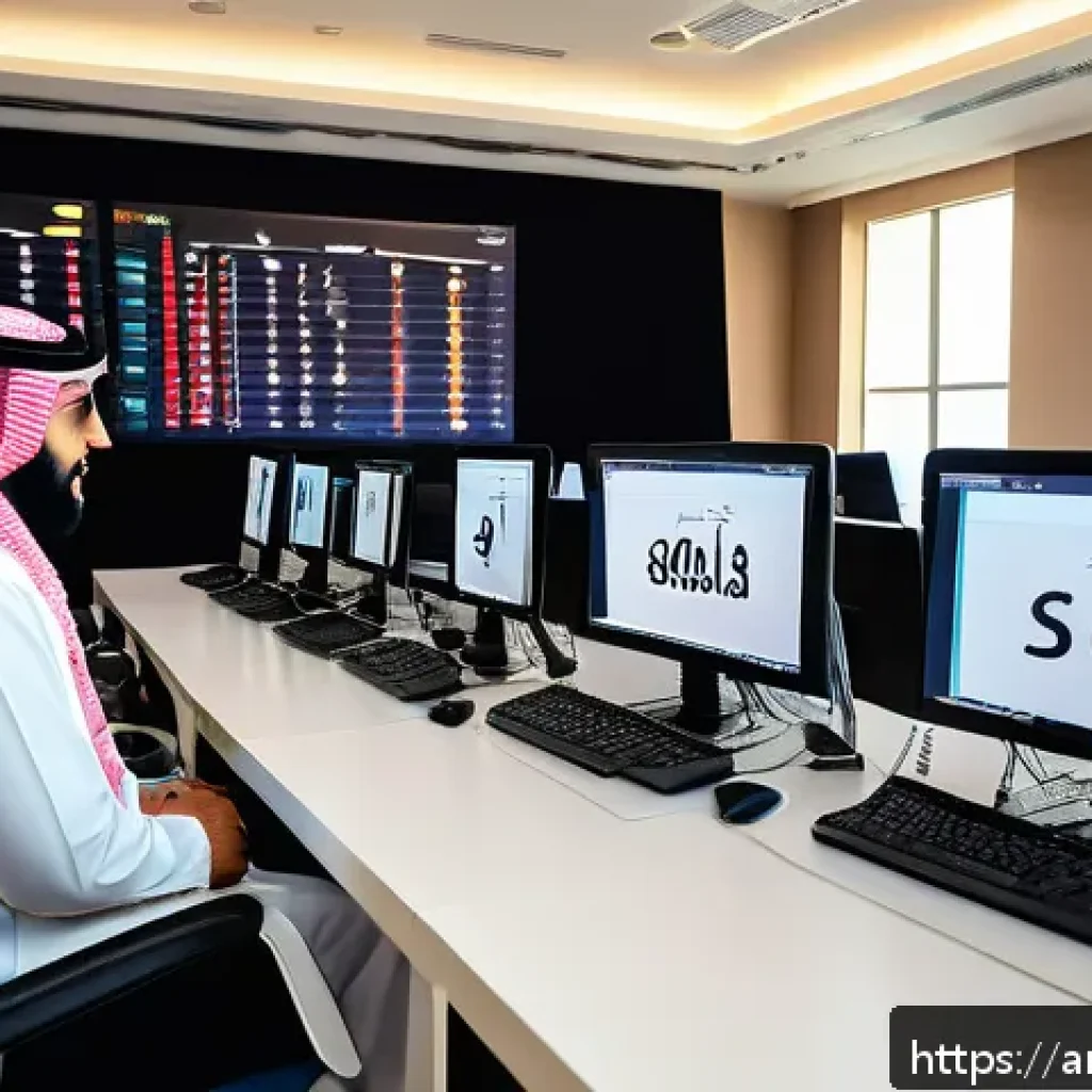 블로그 마케팅 학원 선택 가이드 - A modern digital marketing classroom scene in a Middle Eastern setting, featuring diverse Arabic-spe...