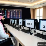 블로그 마케팅 학원 선택 가이드 - A modern digital marketing classroom scene in a Middle Eastern setting, featuring diverse Arabic-spe...