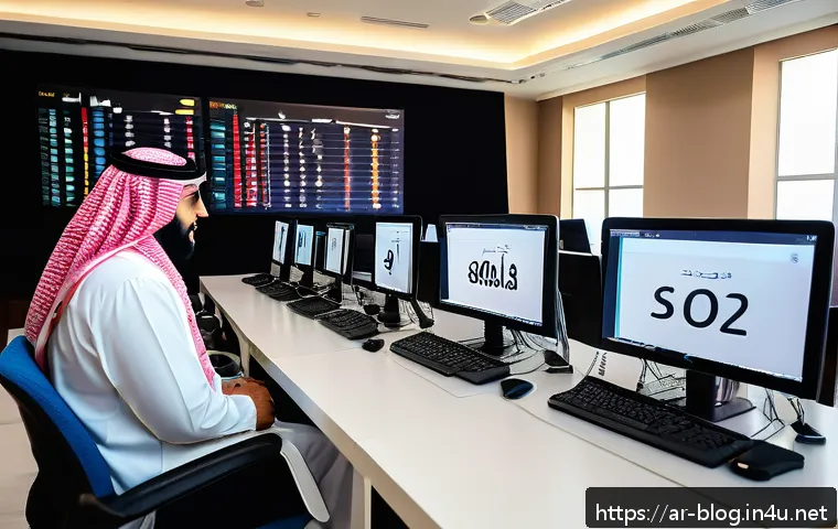블로그 마케팅 학원 선택 가이드 - A modern digital marketing classroom scene in a Middle Eastern setting, featuring diverse Arabic-spe...